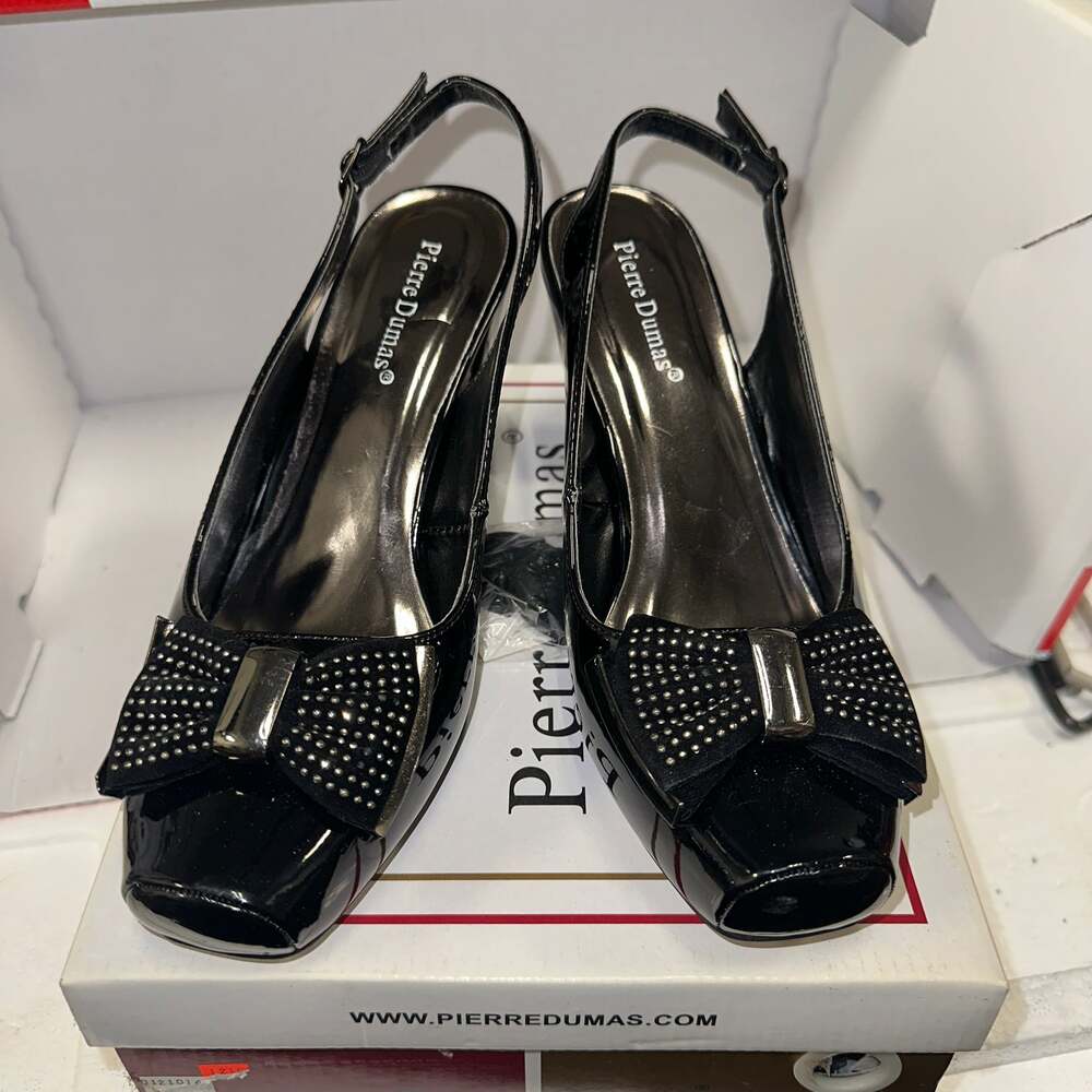 Pierre Dumas Black Patent Peep Toe Slingback Heels with Studded Bow